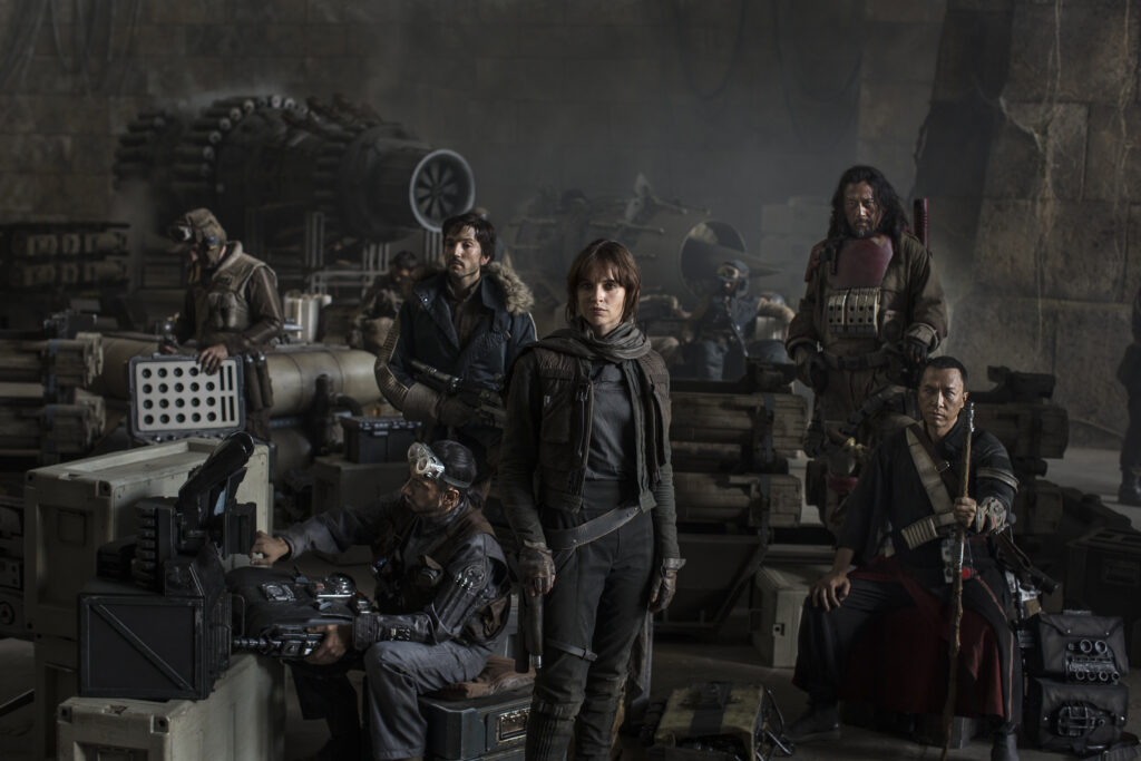 Star Wars: Rogue One L to R: Actors Riz Ahmed, Diego Luna, Felicity Jones, Jiang Wen and Donnie Yen Photo Credit: Jonathan Olley ©Lucasfilm 2016