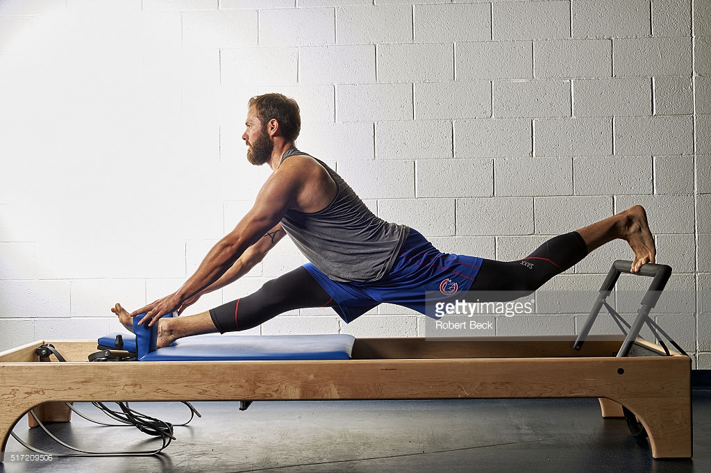 Baseball: MLB Season Preview: Portrait of Chicago Cubs pitcher Jake Arrieta demonstrating Pilates workout on Reformer equipment during spring training photo shoot at Sloan Park.  Mesa, AZ 2/27/2016 CREDIT: Robert Beck (Photo by Robert Beck /Sports Illustrated/Getty Images) (Set Number: SIK-215 TK1 )