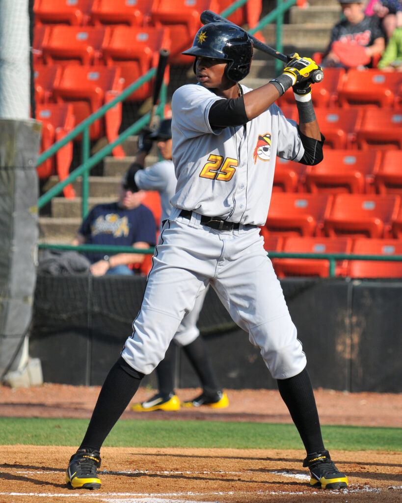 TRACY PROFFITT - Gregory Polanco #25 - West Virginia Power prepares to bat during a game in Hickory NC on June 2, 2012.